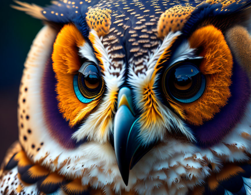 Colorful Owl with Orange, Yellow, and Blue Plumage and Large Eyes