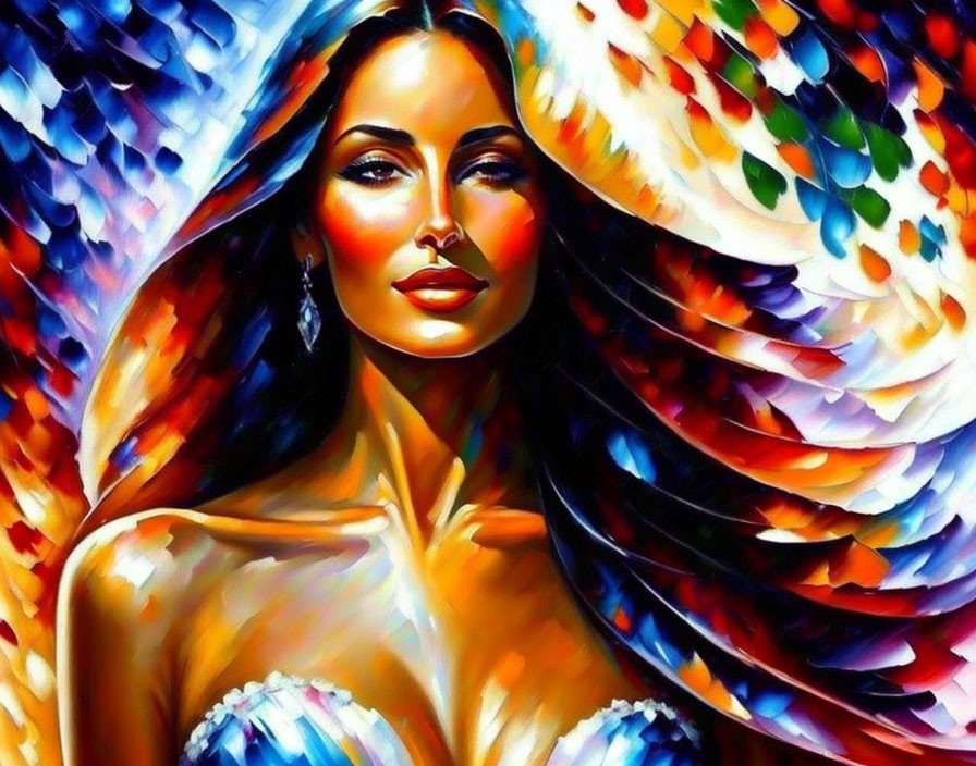 Colorful painting of a woman with bold eyes and lips in abstract mosaic.