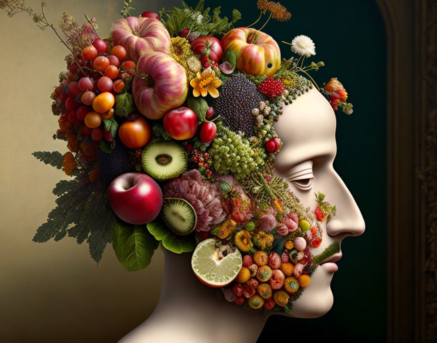 Colorful Human Head Profile with Fruit and Vegetable Headdress