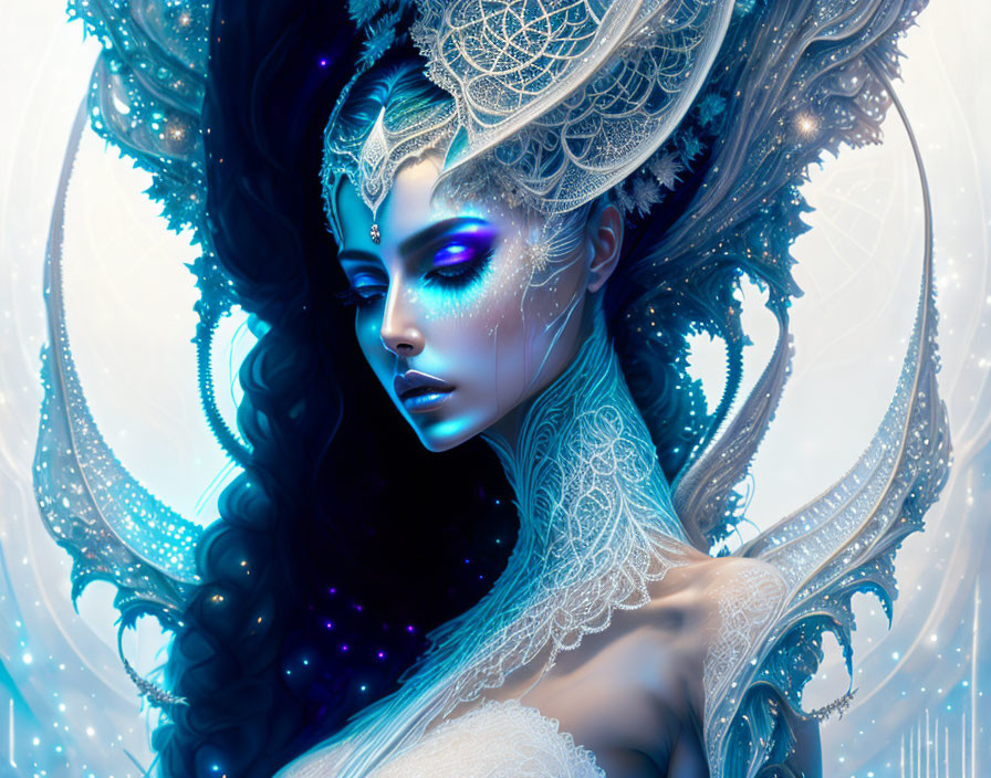 Fantasy illustration of blue-skinned woman with glowing eyes in mystical setting