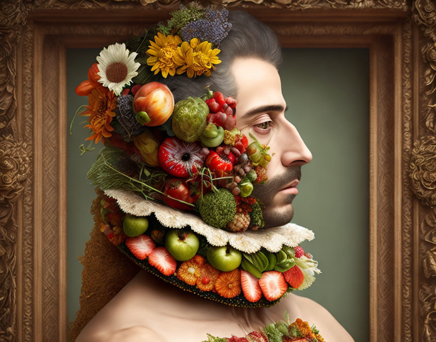 Man with Beard Covered in Fruits, Vegetables, and Flowers in Ornate Frame