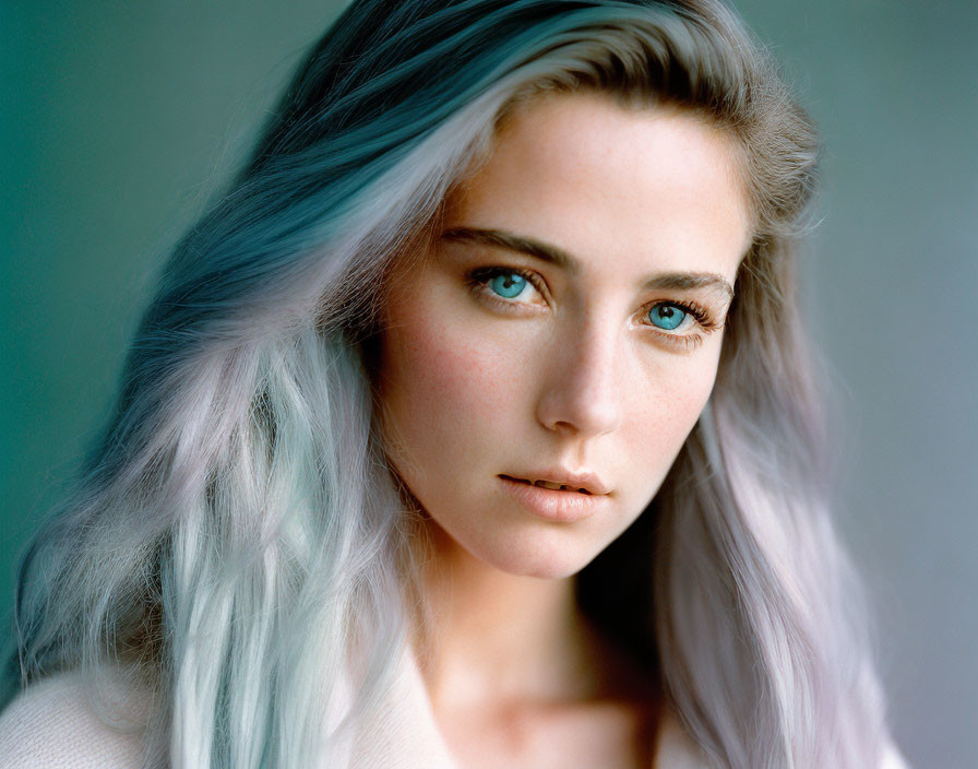 Portrait of Woman with Blue Streaked Hair and Striking Blue Eyes