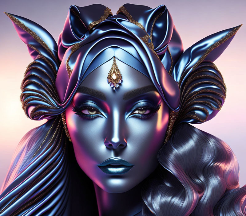 Digital artwork featuring woman with metallic blue skin and ornate headpiece