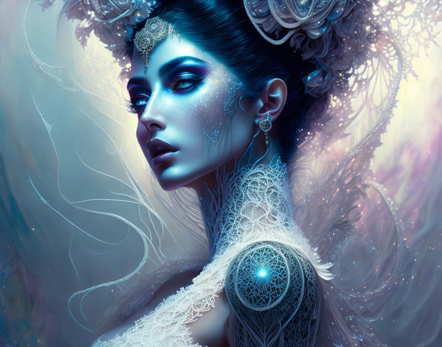 Fantasy portrait of woman with blue skin and intricate headgear