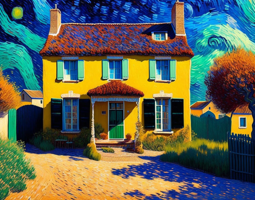 Colorful painting of yellow house, green windows, starry night sky, and swirling landscape