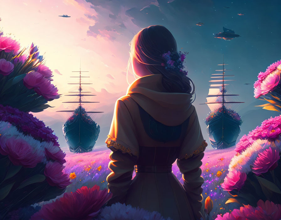 Surreal image of floating ships over pink flower field at twilight