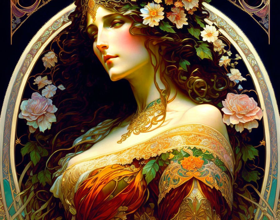 Woman adorned with floral elements in Art Nouveau style