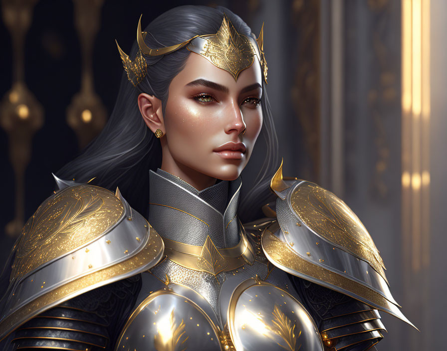 Silver-haired fantasy character in golden armor and crown-like helmet before a curtain