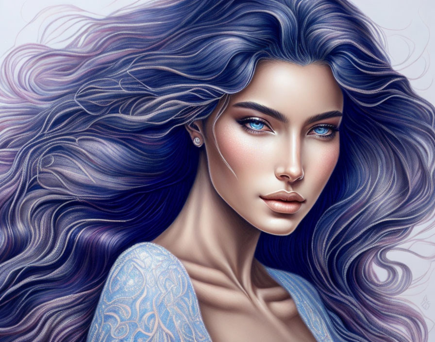 Digital Artwork: Woman with Flowing Blue Hair & Striking Blue Eyes