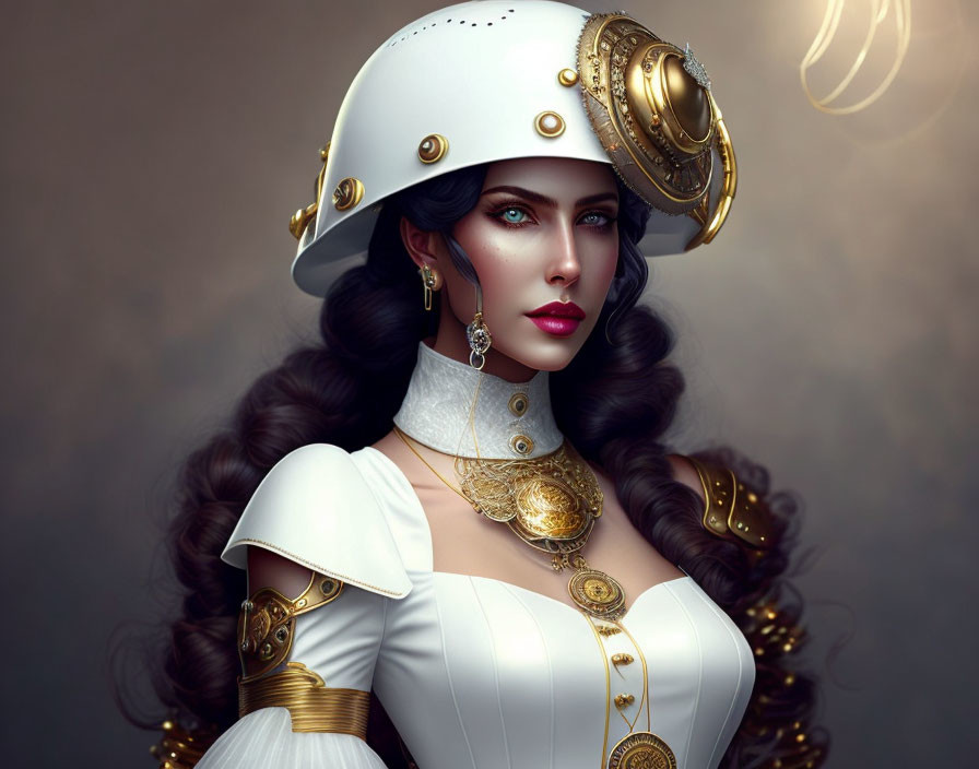 Digital Artwork: Woman with Blue Eyes in White and Gold Costume