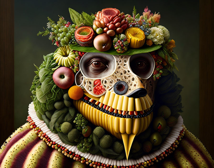 Colorful portrait featuring skull with fruit, vegetable, and flower headdress.