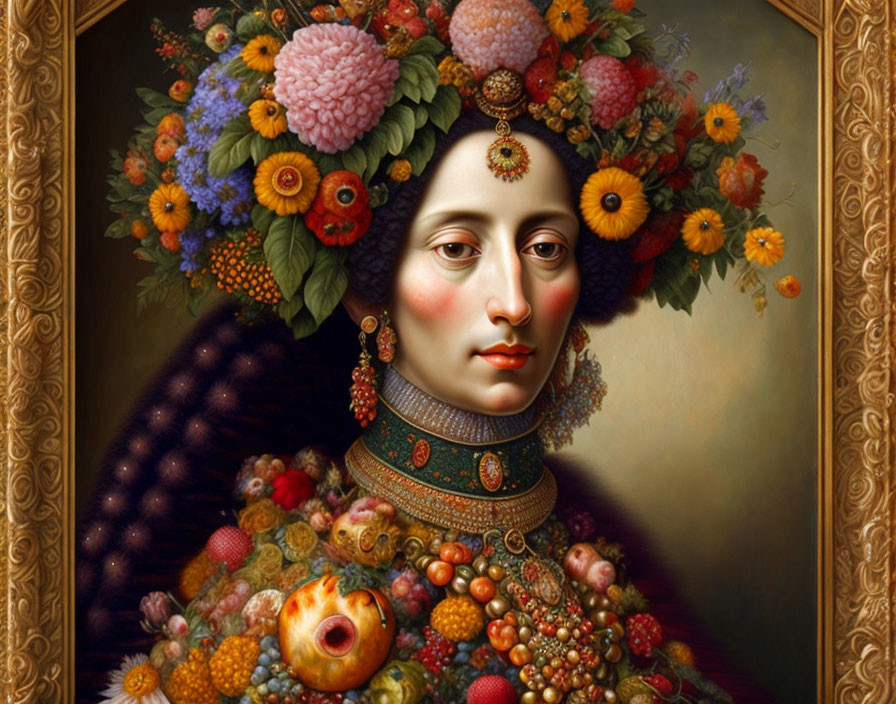 Person with Fruit and Flower Headpiece in Classical Style