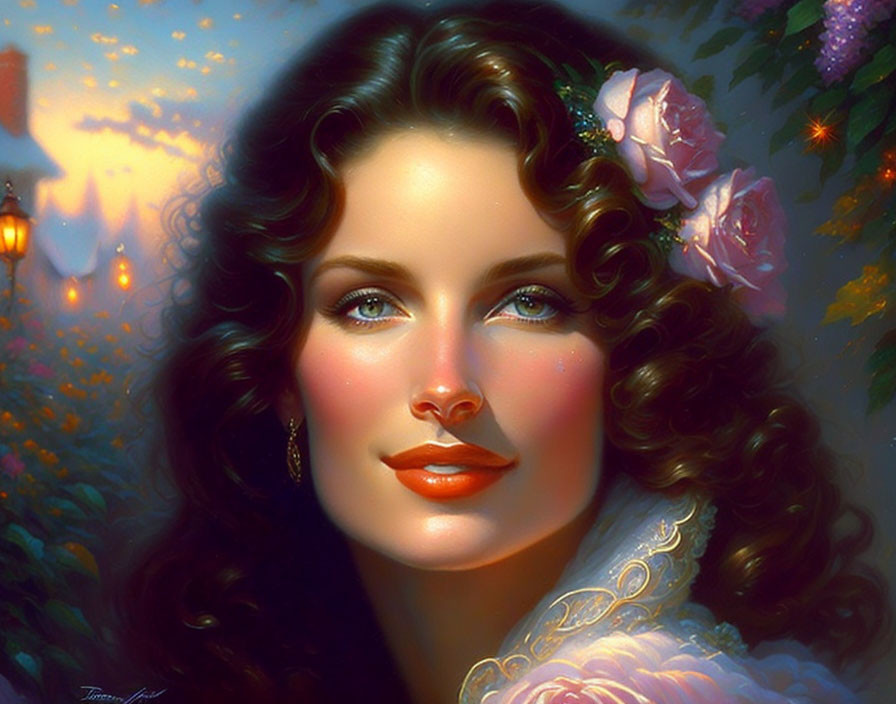 Digital painting of woman with wavy brown hair and pink flowers against warm, glowing background.