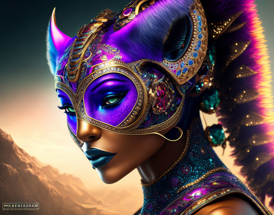 Blue-skinned woman with ornate mask in sunset landscape