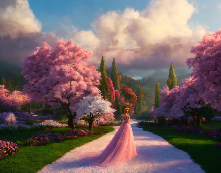 Woman in pink gown walking among cherry blossoms in serene landscape