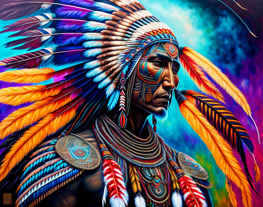 Colorful Portrait of Native American Man in Feather Headdress