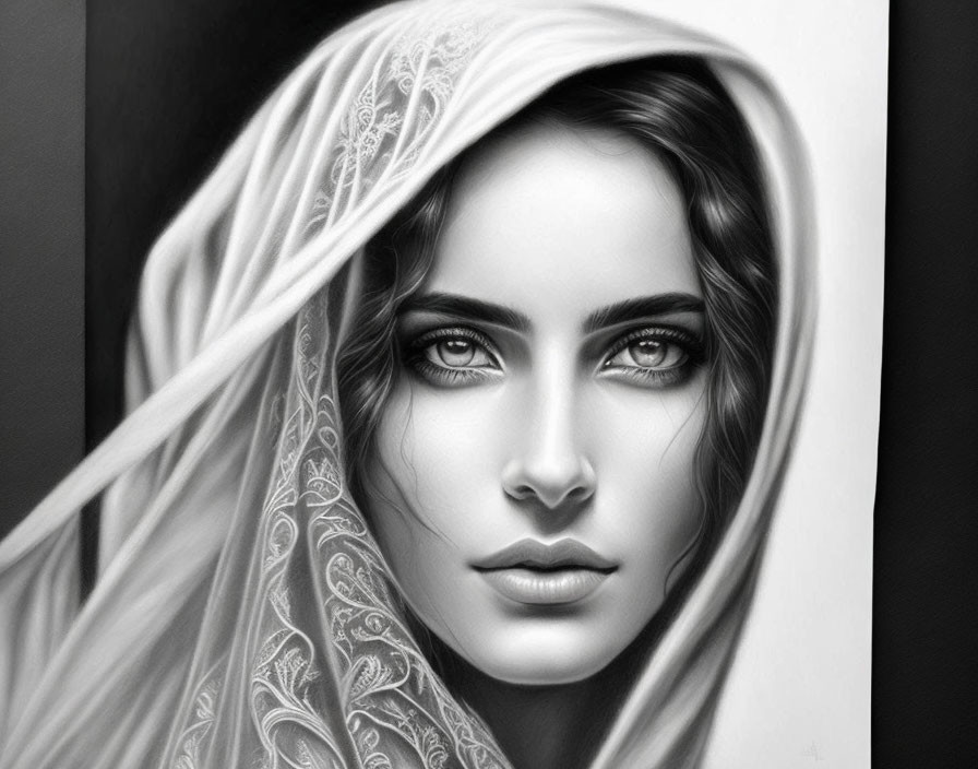 Monochrome digital portrait of woman with piercing eyes and delicate veil