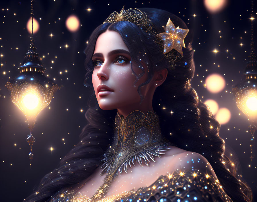 Starry Crown Woman in Gold Attire with Lanterns and Sparkles