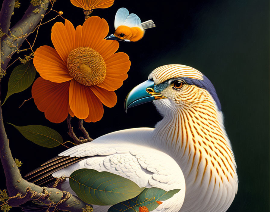 Detailed Vibrant Bird Illustration with Blue Beak and Orange Plumage