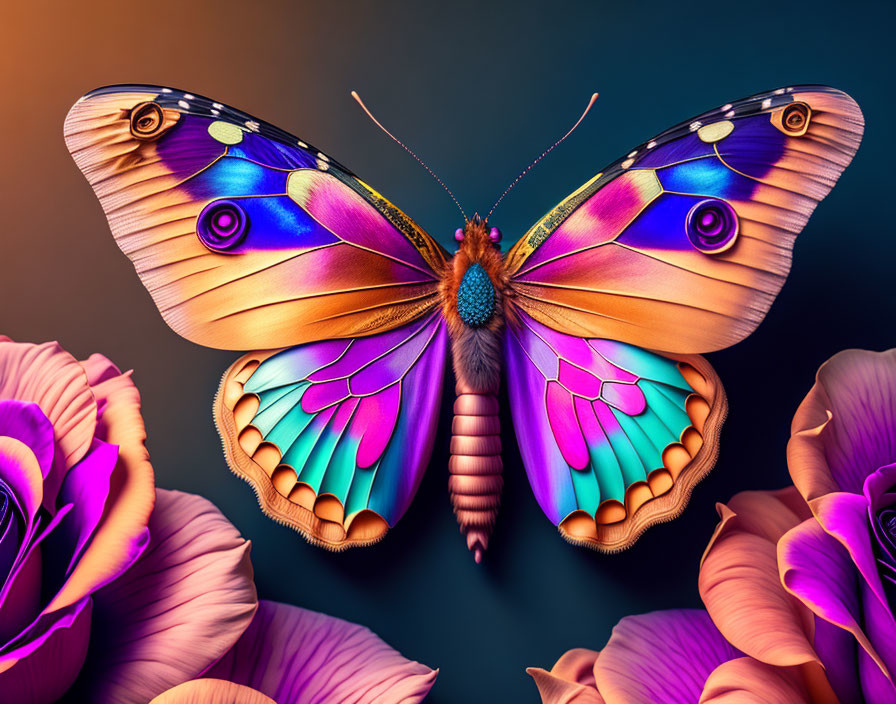 Colorful Butterfly with Purple and Blue Wings Resting on Pink Flowers