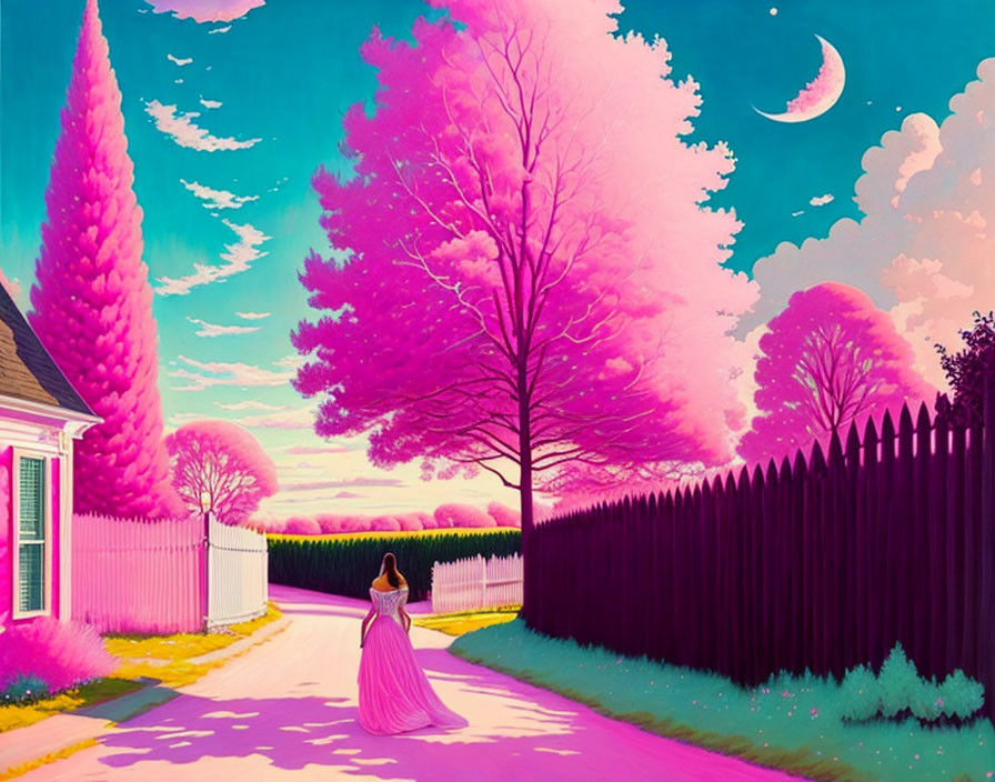 Woman in pink dress strolling on vibrant street with pink trees and pastel house