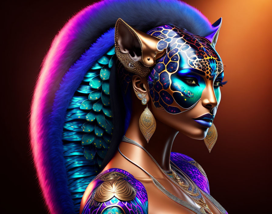 Digital artwork of woman with cat-like features and peacock feather headdress on warm backdrop