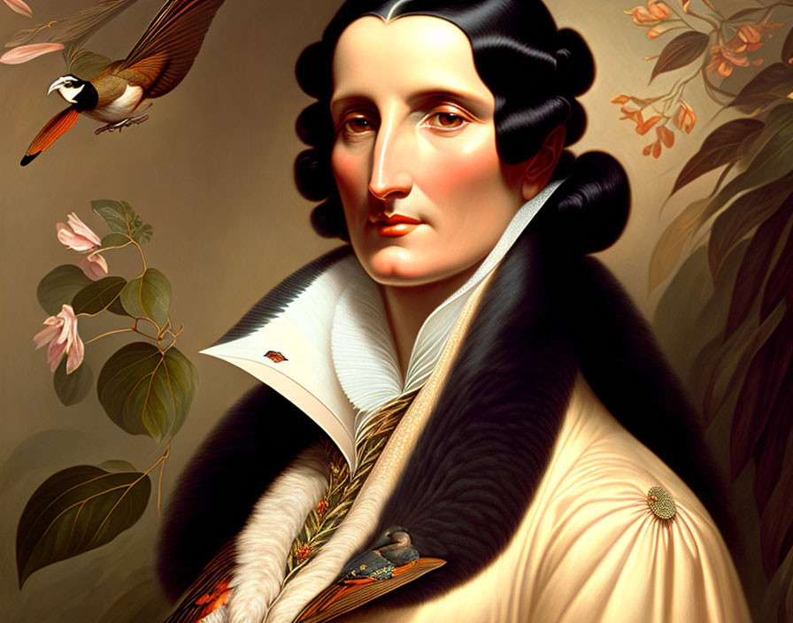 Surreal portrait of woman with bird-like features and nature-inspired attire