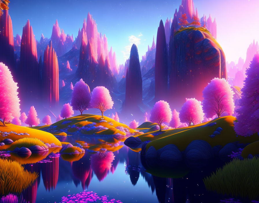 Colorful fantasy landscape: purple mountains, pink trees, serene river, glowing sunset.