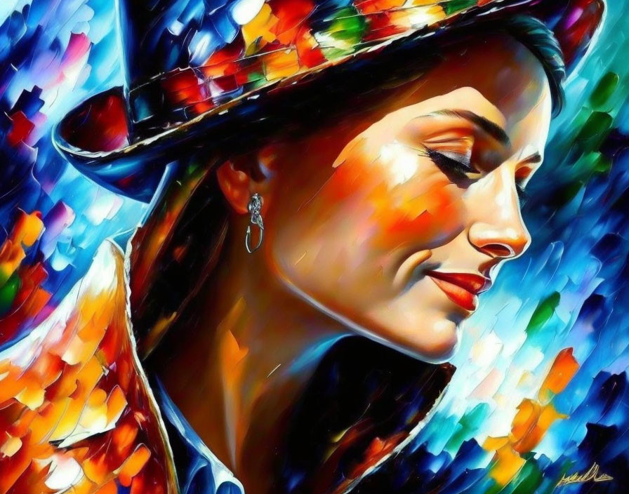 Vivid Brushstroke-Style Woman Portrait with Hat