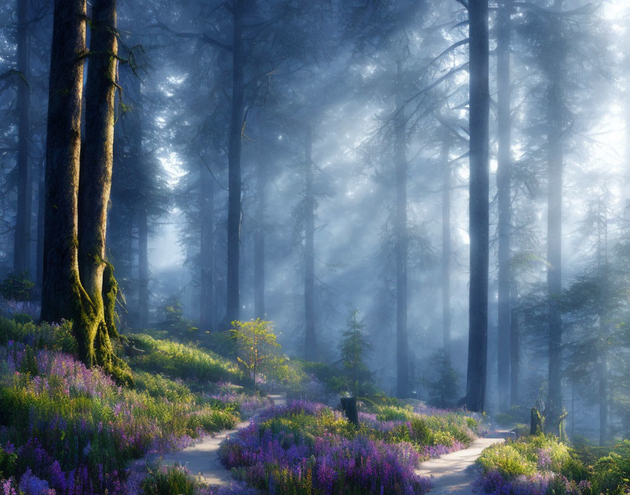 Tranquil forest scene with tall trees, sunlight, path, and purple flowers.