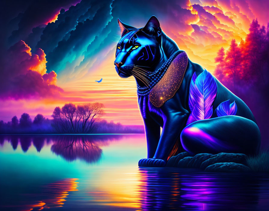 Digital artwork: Glowing neon panther by serene lake at sunset