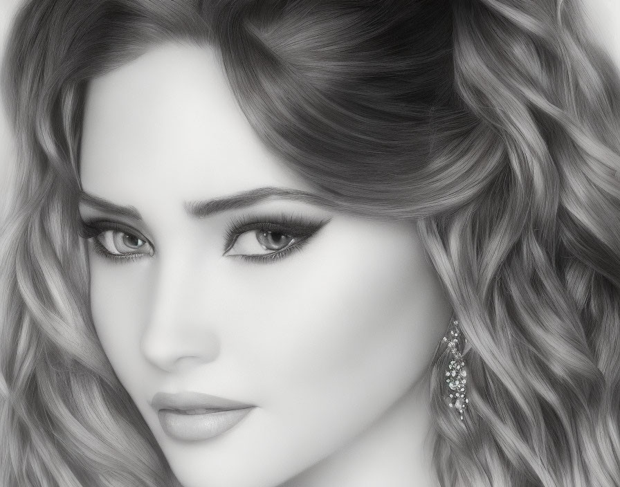 Greyscale portrait of woman with wavy hair and earring