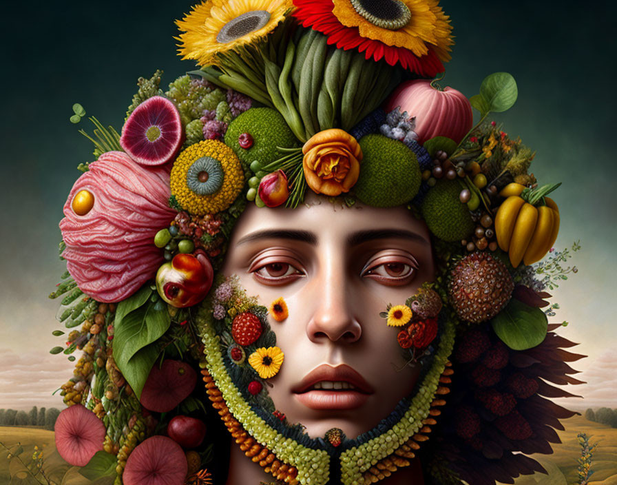 Vibrant fruit, vegetable, and flower headdress portrait.