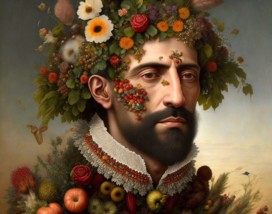 Surreal portrait featuring man with beard, floral crown, butterflies, and fruits