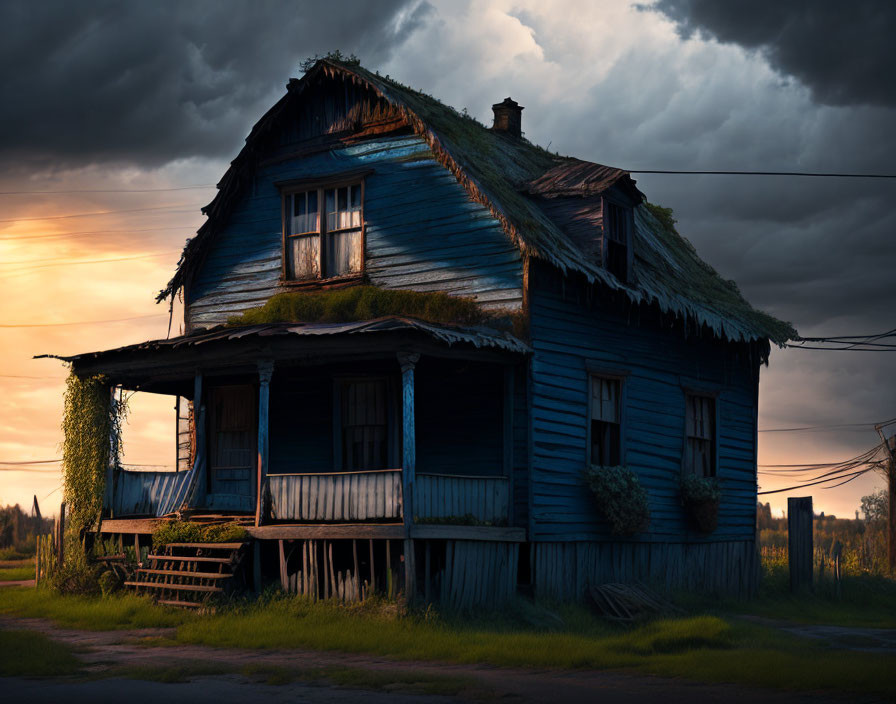 Abandoned blue two-story house with overgrown plants at sunset