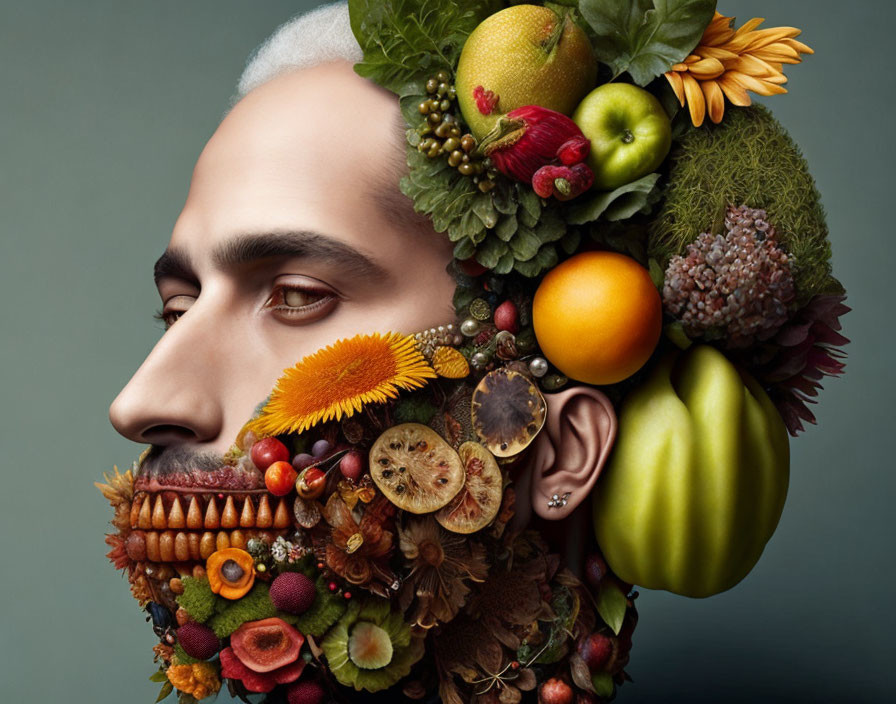 Man's profile with half head of fruits, vegetables, and flowers