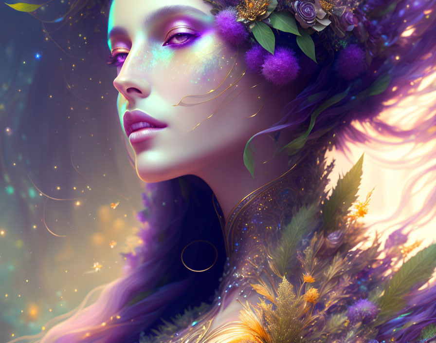 Fantasy illustration of woman with purple hair and floral adornments in mystical setting