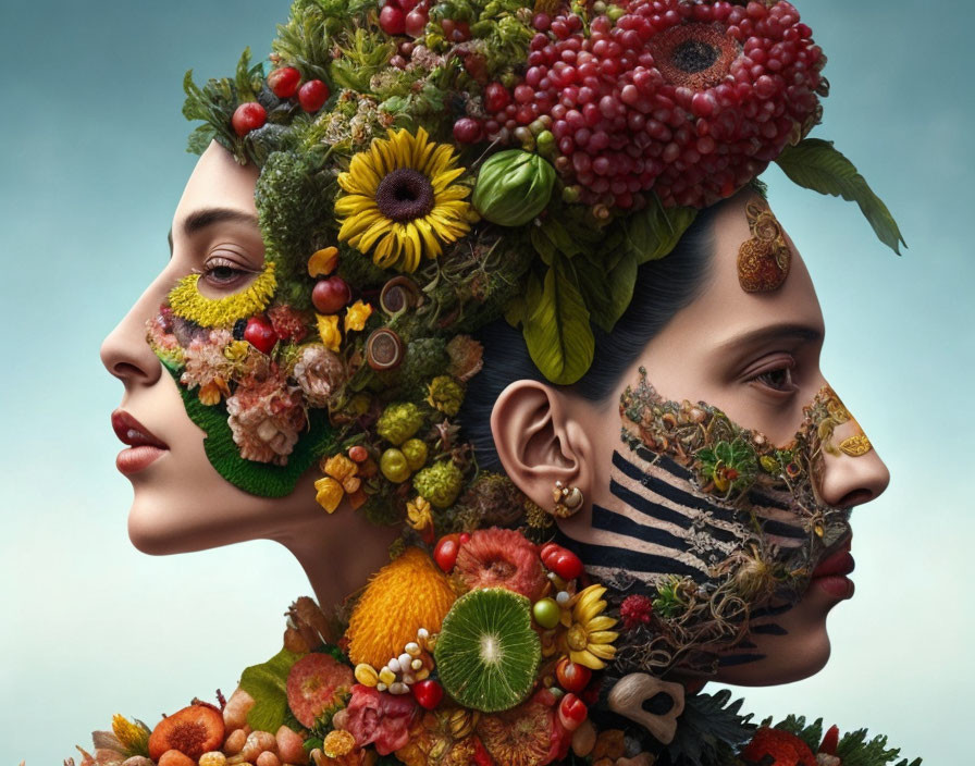 Double exposure portrait blending two female faces with vibrant fruits, flowers, and vegetables in colorful artwork.