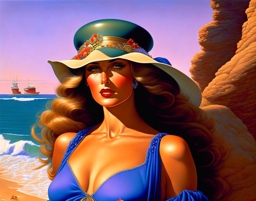 Stylized illustration of woman by beach with ships