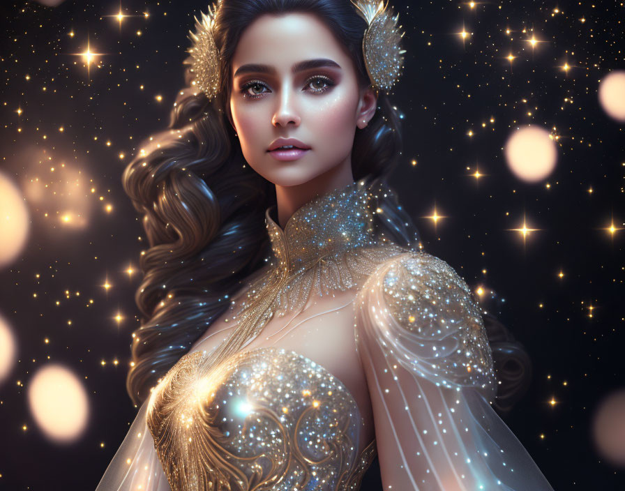 Ethereal woman in golden attire with sparkling stars - digital art