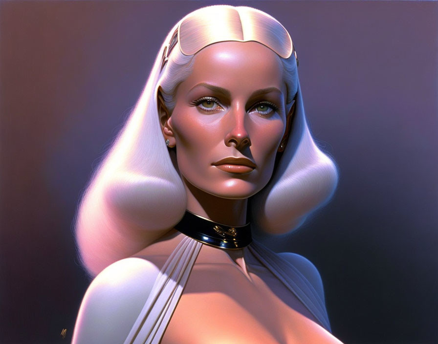 Futuristic digital art: White-haired woman with metallic neck band