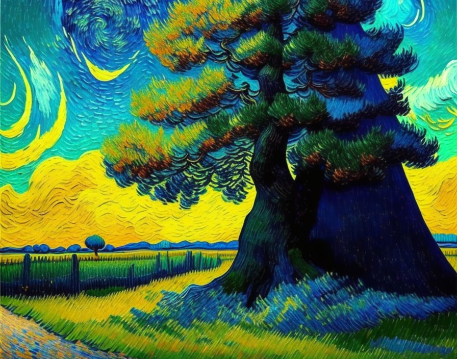 Colorful painting: swirling blue and yellow skies, large tree, countryside scene.