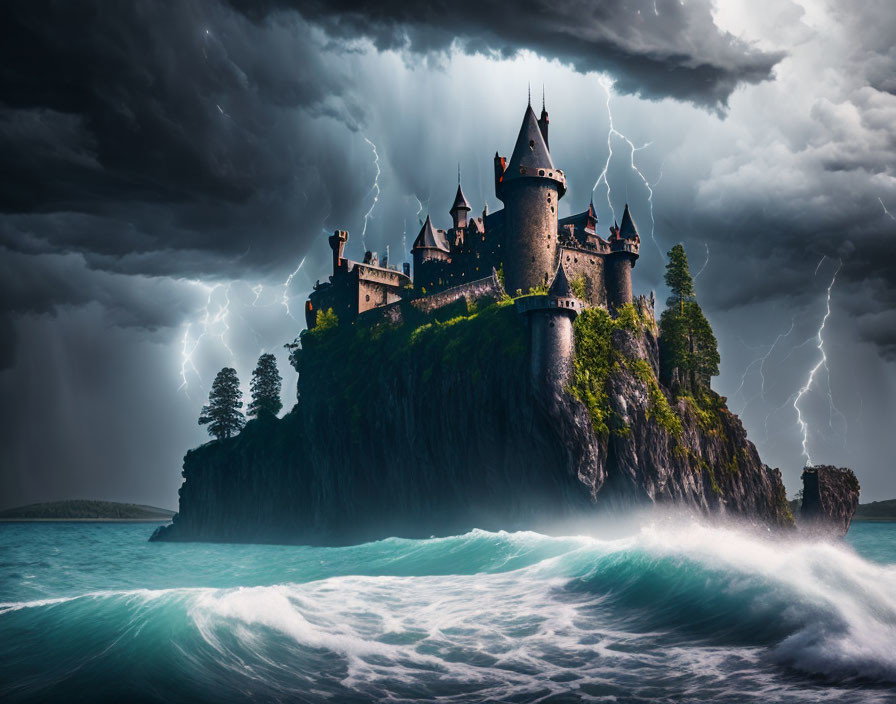 Majestic castle on cliff with stormy sky and ocean waves