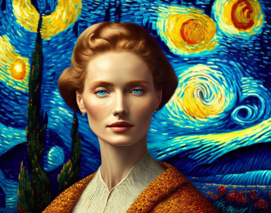 Blonde woman with blue eyes on "Starry Night" painting