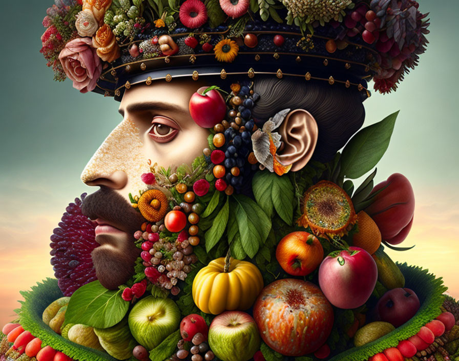 Man with Beard Wearing Fruit and Flower Headdress