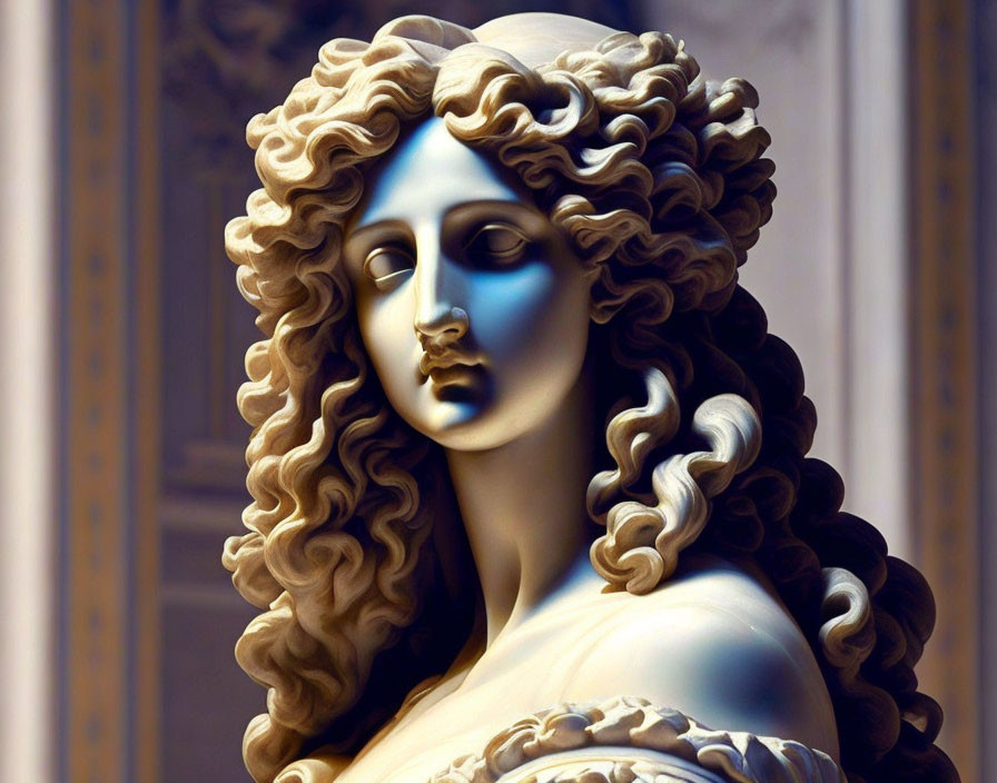 Detailed sculpture of woman with flowing curly hair and classical features against architectural backdrop.