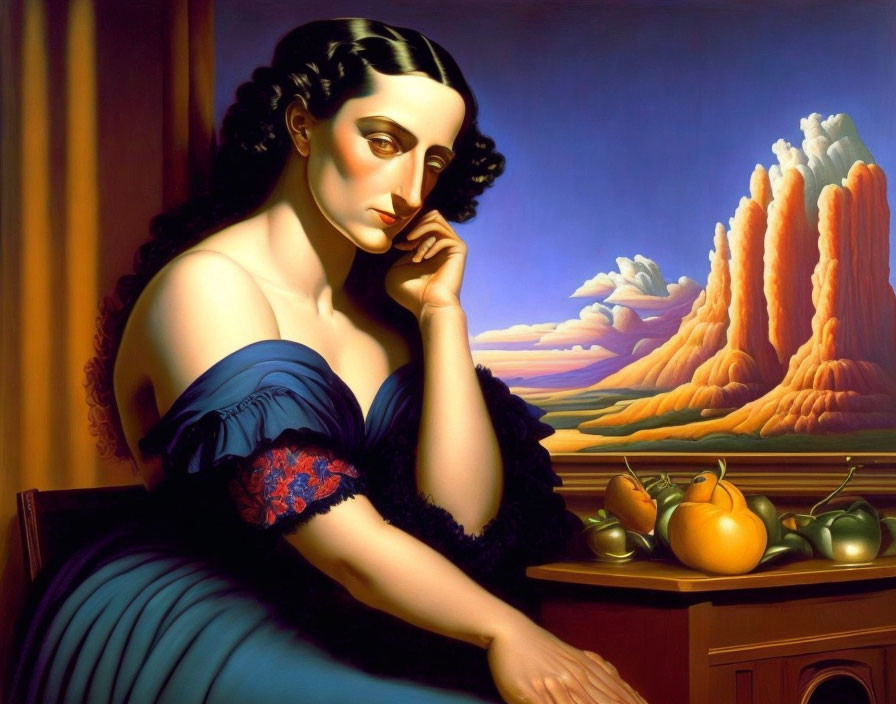 Pensive woman in blue dress with surreal desert landscape