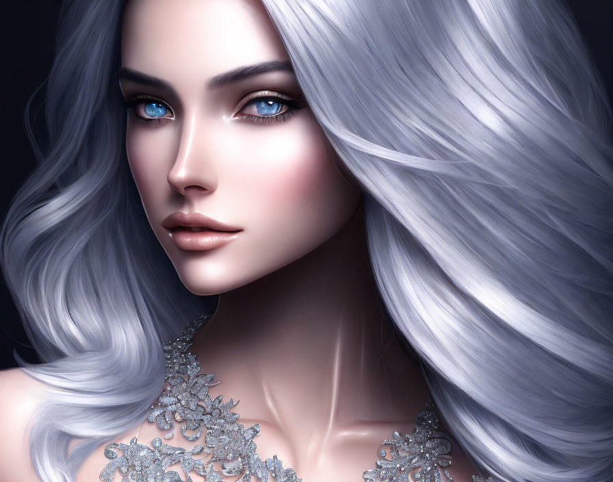 Digital portrait of woman with blue eyes, pale skin, silver hair, and silver lace neckline