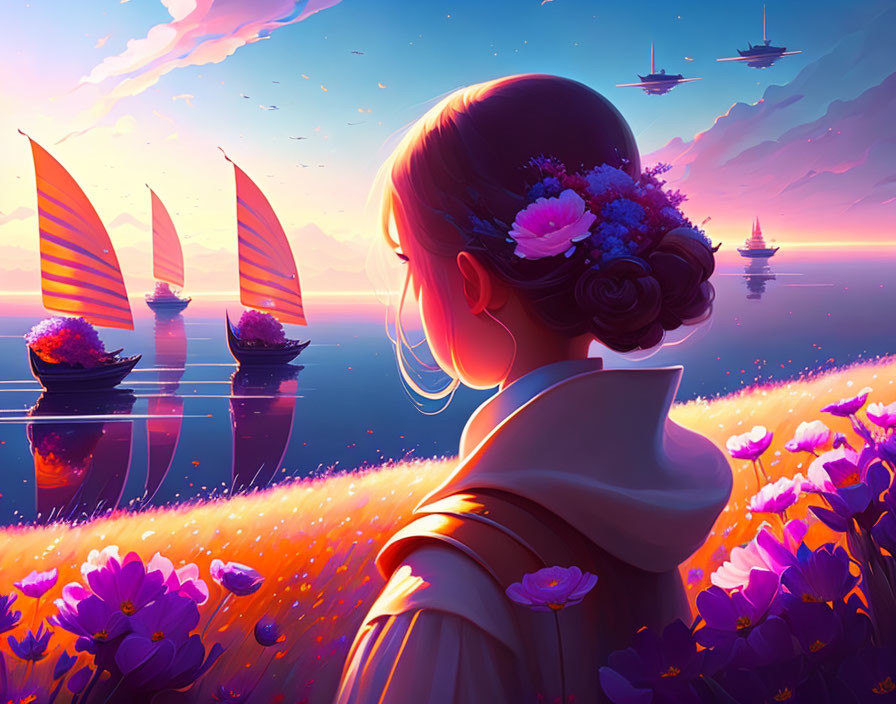 Girl with flowers in hair admires sunset seascape with sailboats and purple flowers.