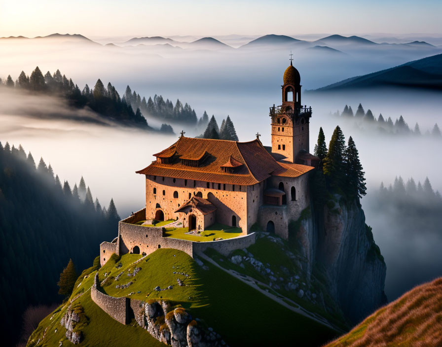 Ancient castle on cliff overlooking sea of clouds at sunrise